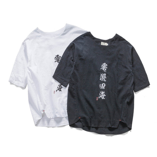 Camiseta de Algodón Bordada Cuello Redondo Manga Corta para Hombre