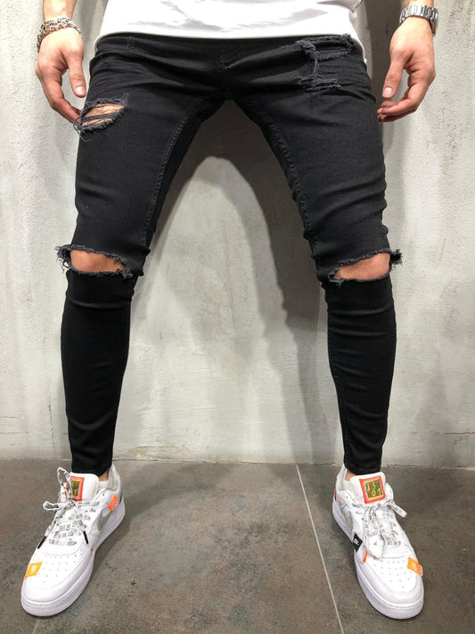 Jeans Rotos Ajustados de Corte Recto para Hombre - Diseño Negro Moderno