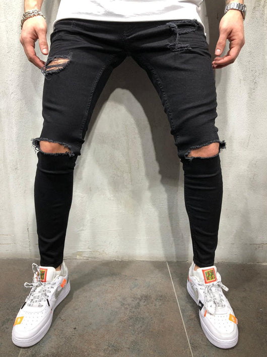 Jeans Rotos Ajustados de Corte Recto para Hombre - Diseño Negro Moderno