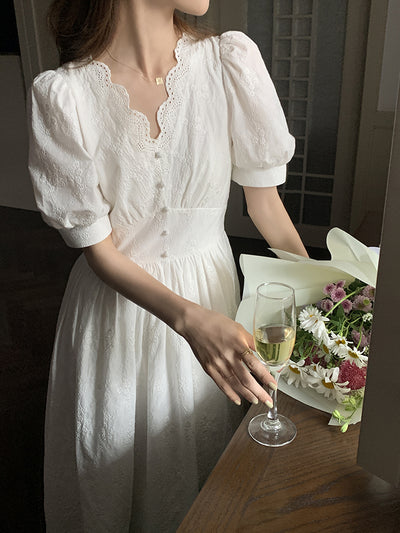 Vestido Blanco Largo con Mangas Abullonadas y Cintura Ajustada - Image 7
