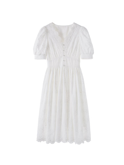 Vestido Blanco Largo con Mangas Abullonadas y Cintura Ajustada - Image 6