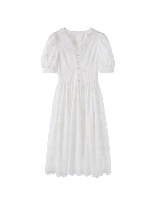 Vestido Blanco Largo con Mangas Abullonadas y Cintura Ajustada - Image 3