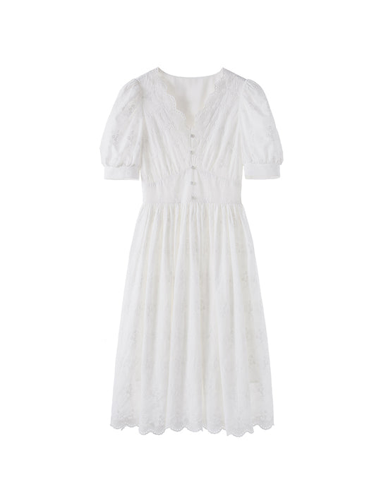 Vestido Blanco Largo con Mangas Abullonadas y Cintura Ajustada - Image 3
