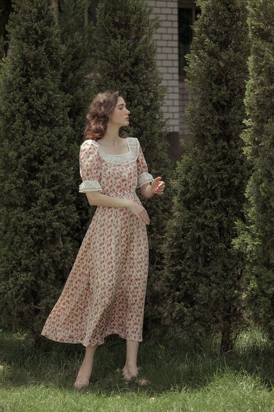 Vestido Floral Chiffon con Cuello Francés y Mangas Abullonadas - Elegancia Fresca para el Verano - Image 3