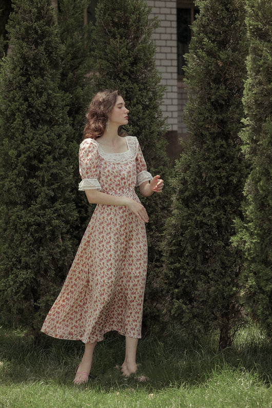 Vestido Floral Chiffon con Cuello Francés y Mangas Abullonadas - Elegancia Fresca para el Verano - Image 3