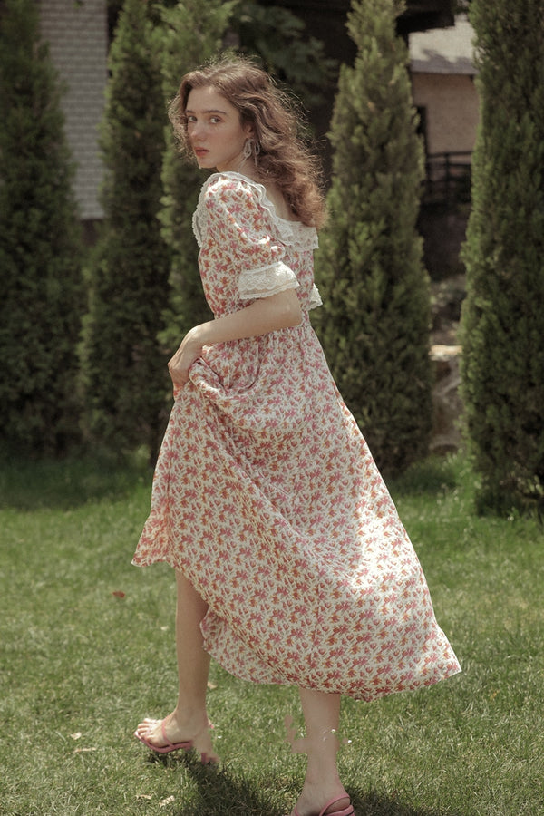Vestido Floral Chiffon con Cuello Francés y Mangas Abullonadas - Elegancia Fresca para el Verano