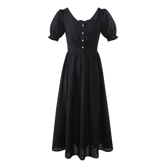 Vestido Retro con Bordado de Pétalos y Botones Perla Cuello Cuadrado - Image 8