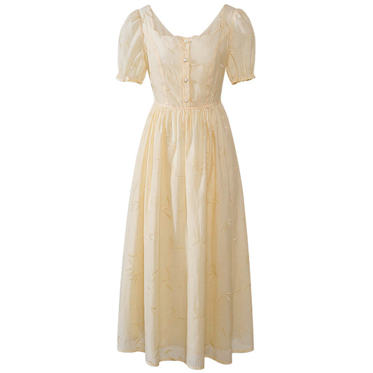 Vestido Retro con Bordado de Pétalos y Botones Perla Cuello Cuadrado