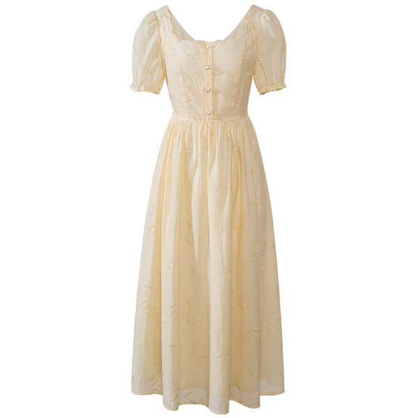 Vestido Retro con Bordado de Pétalos y Botones Perla Cuello Cuadrado