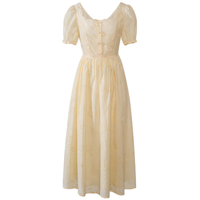 Vestido Retro con Bordado de Pétalos y Botones Perla Cuello Cuadrado