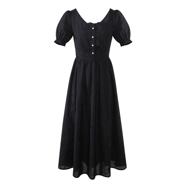 Vestido Retro con Bordado de Pétalos y Botones Perla Cuello Cuadrado