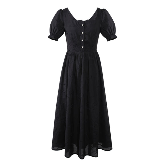 Vestido Retro con Bordado de Pétalos y Botones Perla Cuello Cuadrado