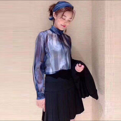 Camisa Suelta de Manga Larga con Cinturón Transparente Azul - Image 10