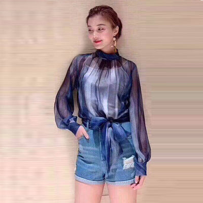Camisa Suelta de Manga Larga con Cinturón Transparente Azul - Image 3