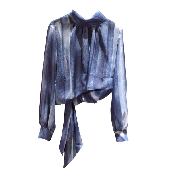 Camisa Suelta de Manga Larga con Cinturón Transparente Azul