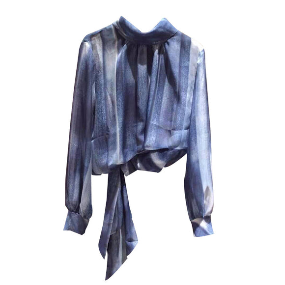Camisa Suelta de Manga Larga con Cinturón Transparente Azul