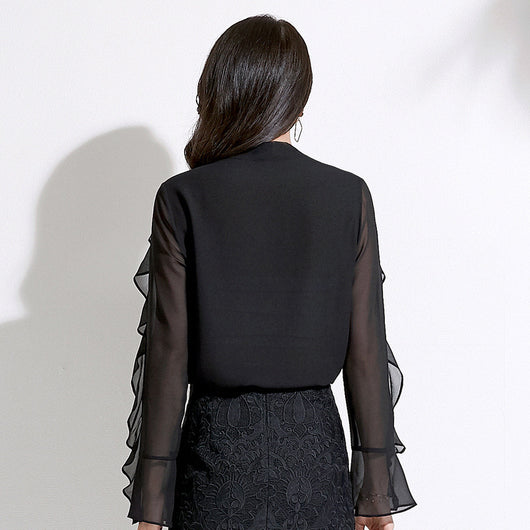 Blusa Elegante con Moño V-Neck en Chifón Fruncido - Image 7
