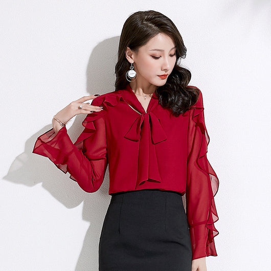 Blusa Elegante con Moño V-Neck en Chifón Fruncido - Image 9
