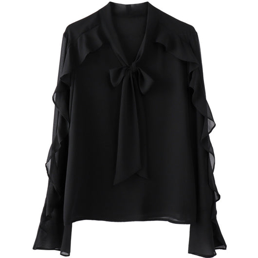 Blusa Elegante con Moño V-Neck en Chifón Fruncido - Image 10