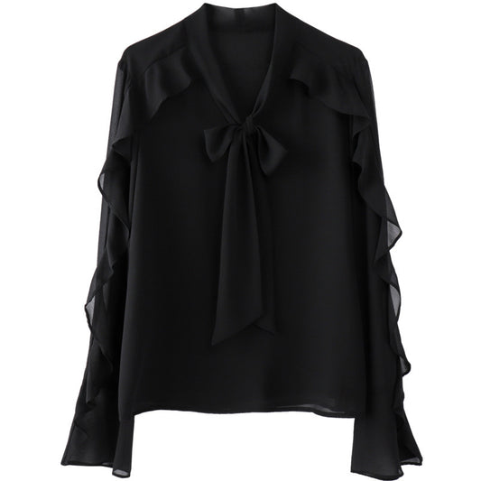 Blusa Elegante con Moño V-Neck en Chifón Fruncido