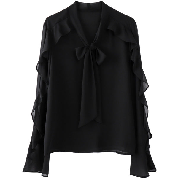 Blusa Elegante con Moño V-Neck en Chifón Fruncido