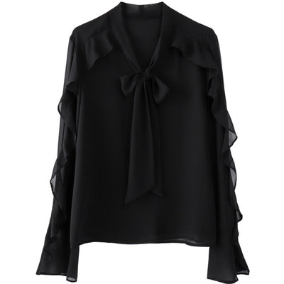 Blusa Elegante con Moño V-Neck en Chifón Fruncido