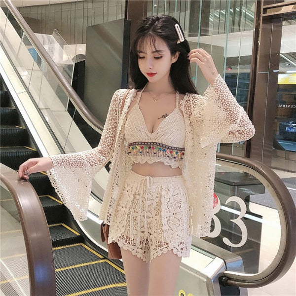 Traje de Baño Crochet Backless con Detalles de Perlas
