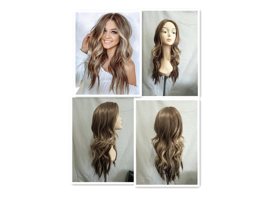 Peluca Rizada Larga Castaña con Degradado Dorado - Ondas Voluminosas - Image 10