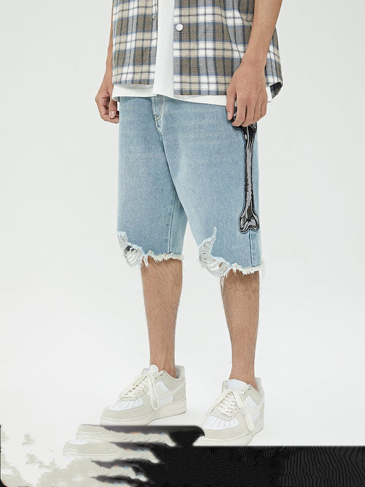 Shorts de Mezclilla Desgastados con Bordado en Hueso y Orilla Cruda - Image 10