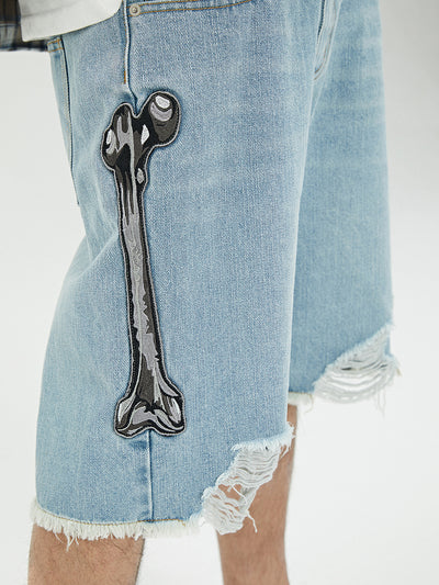 Shorts de Mezclilla Desgastados con Bordado en Hueso y Orilla Cruda - Image 11