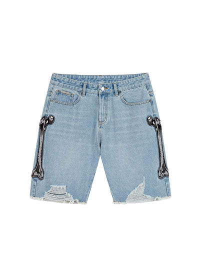 Shorts de Mezclilla Desgastados con Bordado en Hueso y Orilla Cruda - Image 3