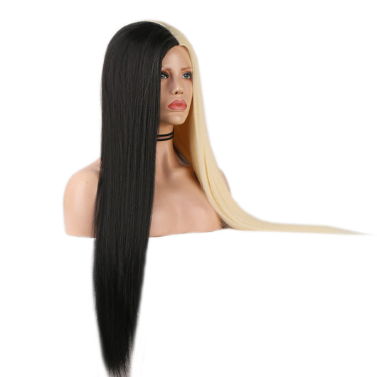 Peluca Larga Bicolor Negra y Blanca de Cabello Liso - Fibra de Alta Temperatura - Image 6