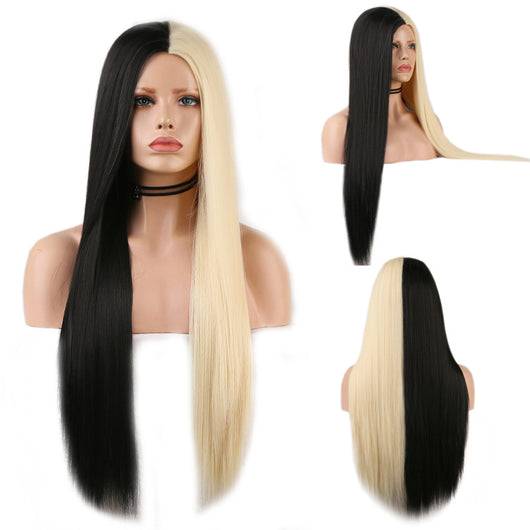 Peluca Larga Bicolor Negra y Blanca de Cabello Liso - Fibra de Alta Temperatura - Image 3