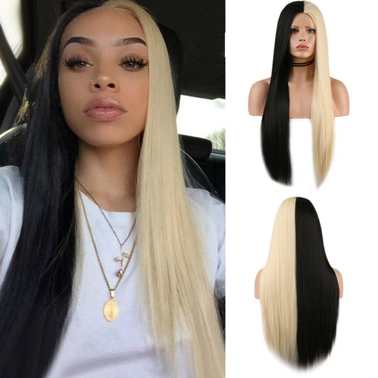 Peluca Larga Bicolor Negra y Blanca de Cabello Liso - Fibra de Alta Temperatura
