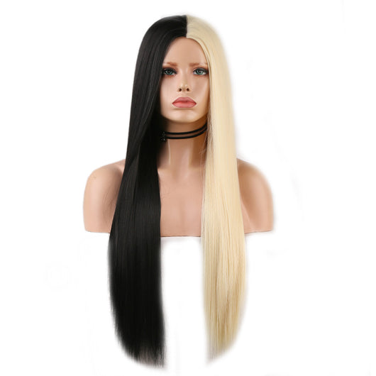 Peluca Larga Bicolor Negra y Blanca de Cabello Liso - Fibra de Alta Temperatura - Image 4