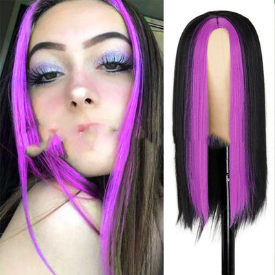 Peluca Larga Negra Recta con Mechas Verde - Sintética de Moda - Image 11