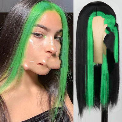 Peluca Larga Negra Recta con Mechas Verde - Sintética de Moda - Image 8