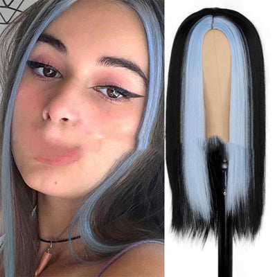 Peluca Larga Negra Recta con Mechas Verde - Sintética de Moda - Image 9