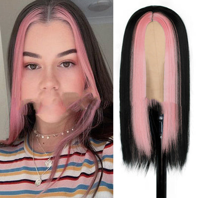 Peluca Larga Negra Recta con Mechas Verde - Sintética de Moda - Image 5