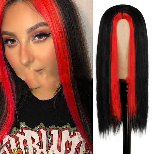 Peluca Larga Negra Recta con Mechas Verde - Sintética de Moda - Image 3