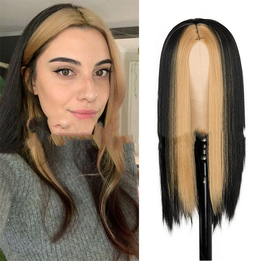 Peluca Larga Negra Recta con Mechas Verde - Sintética de Moda - Image 6