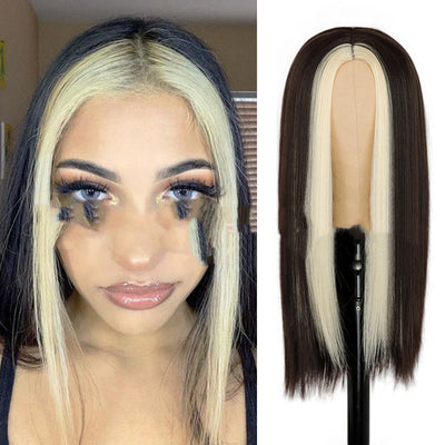 Peluca Larga Negra Recta con Mechas Verde - Sintética de Moda - Image 7