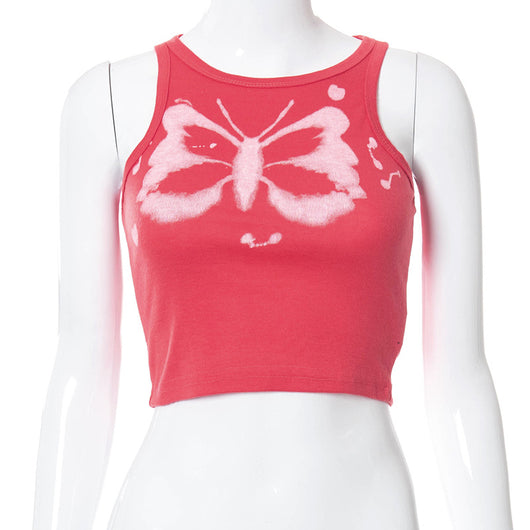Blusa Slim Fit Cuello Redondo sin Mangas con Estampado de Mariposas para Mujer - Image 6