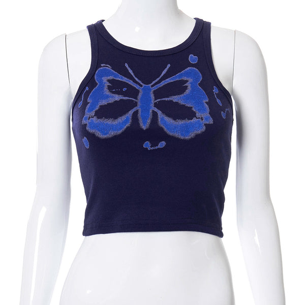 Blusa Slim Fit Cuello Redondo sin Mangas con Estampado de Mariposas para Mujer