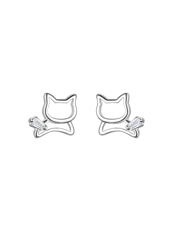 Aretes de Plata 925 Hueca con Diseño de Gato