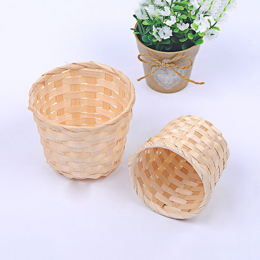 Canasta de Almacenamiento de Bambú Tejida a Mano con Patchwork Natural