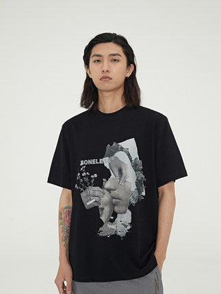 Camiseta Estampado Floral Retro Broken Portrait - Algodón Suelto Casual Tide