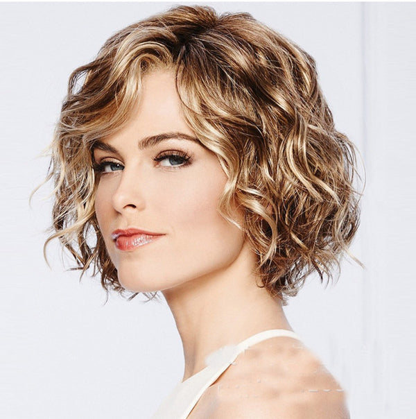 Peluca Corta Rizada Degradado Dorado - Cabello Sintético Premium