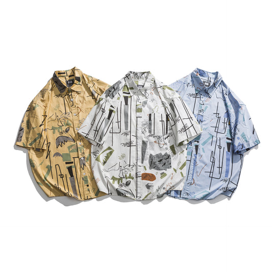 Camisa Estampada Japonesa de Manga Corta