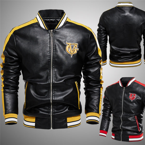 Chaqueta de Cuero Sintético para Hombre con Cuello Alto y Detalles Bordados